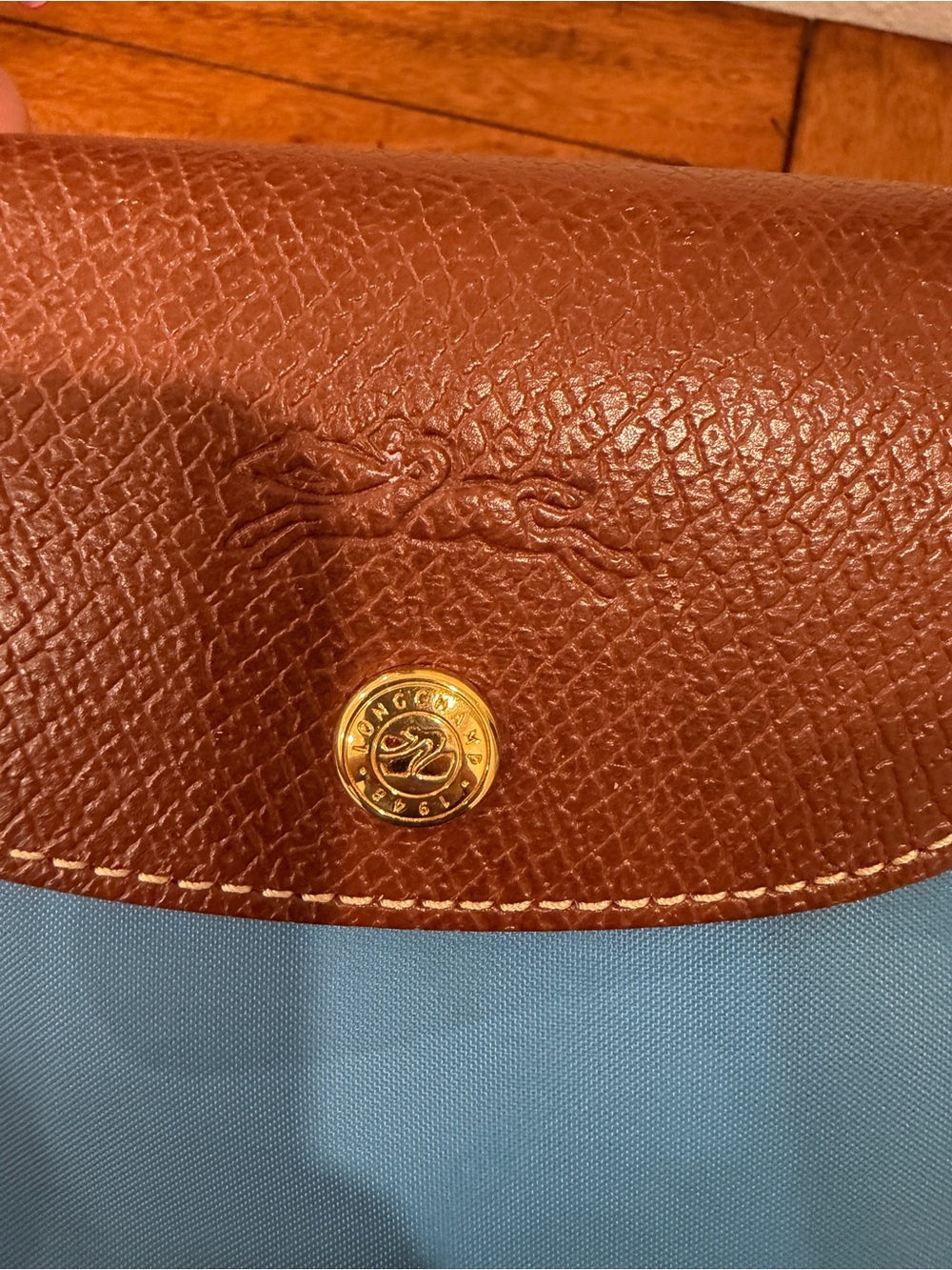 Longchamp Le Pliage S Blue Nylon Satchel with Brown Leather Trim - Picture 3 of 13